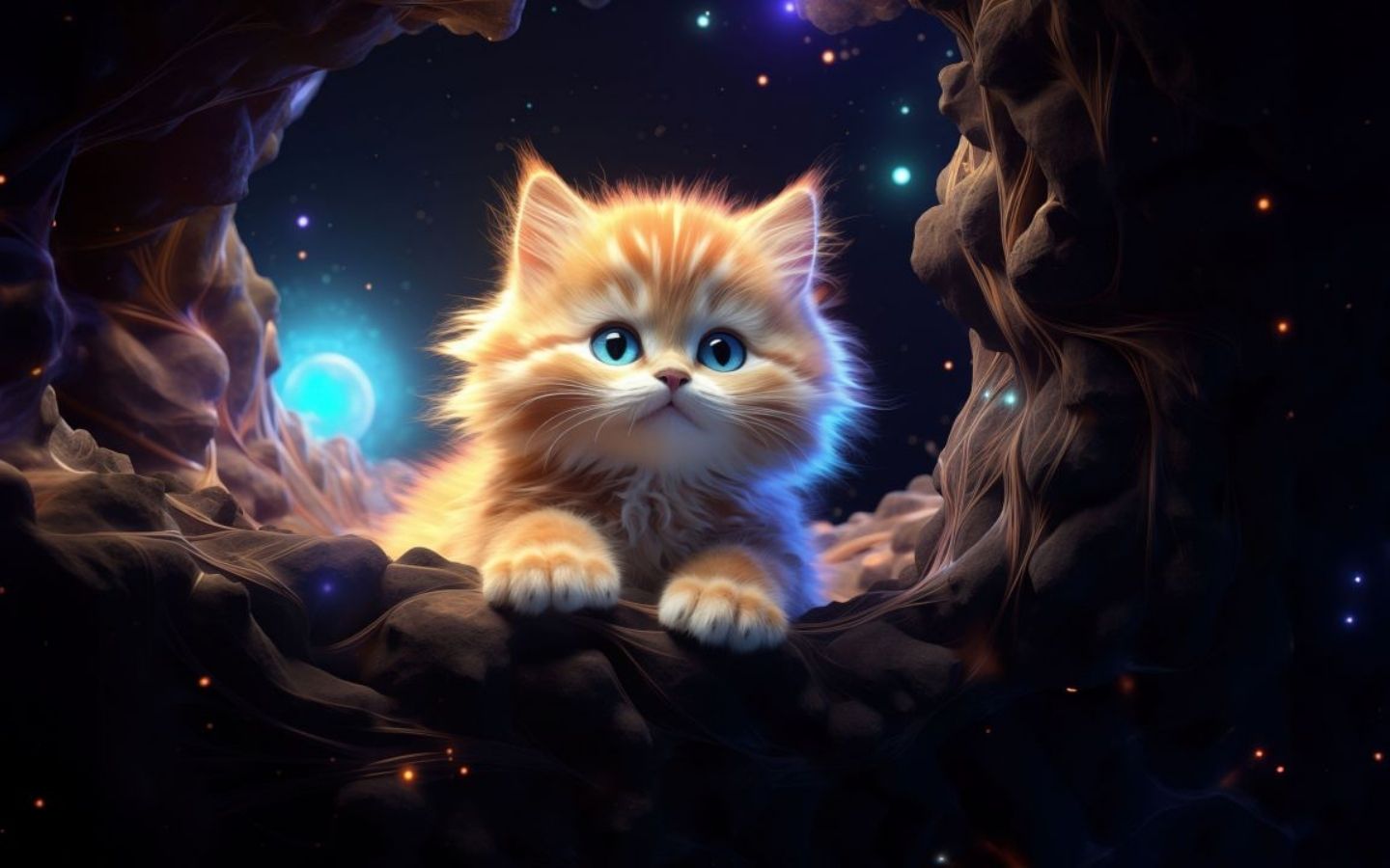 Mèo con phát sáng trong hang đá phong cách fantasy