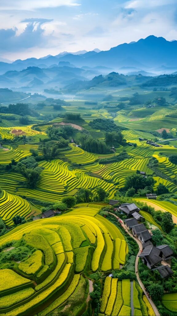 Ruộng bậc thang xanh mướt giữa núi rừng trùng điệp