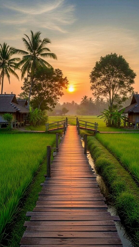 Lối gỗ nhỏ giữa cánh đồng xanh dưới ánh hoàng hôn