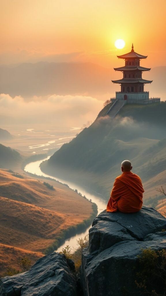 Nhà sư ngồi thiền trước ngôi chùa trên núi cao