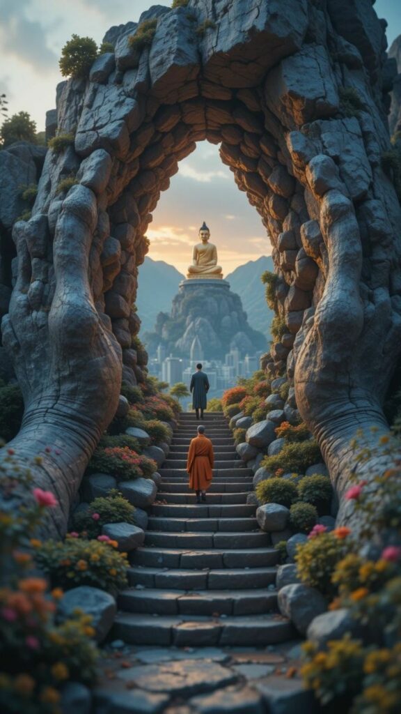 Cổng đá cổ dẫn lên ngôi đền giữa núi xanh