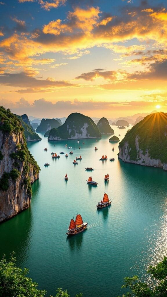 Hoàng hôn rực sáng trên vịnh biển và núi đá