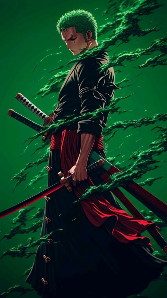 Zoro One Piece đứng giữa làn khói xanh đầy uy lực