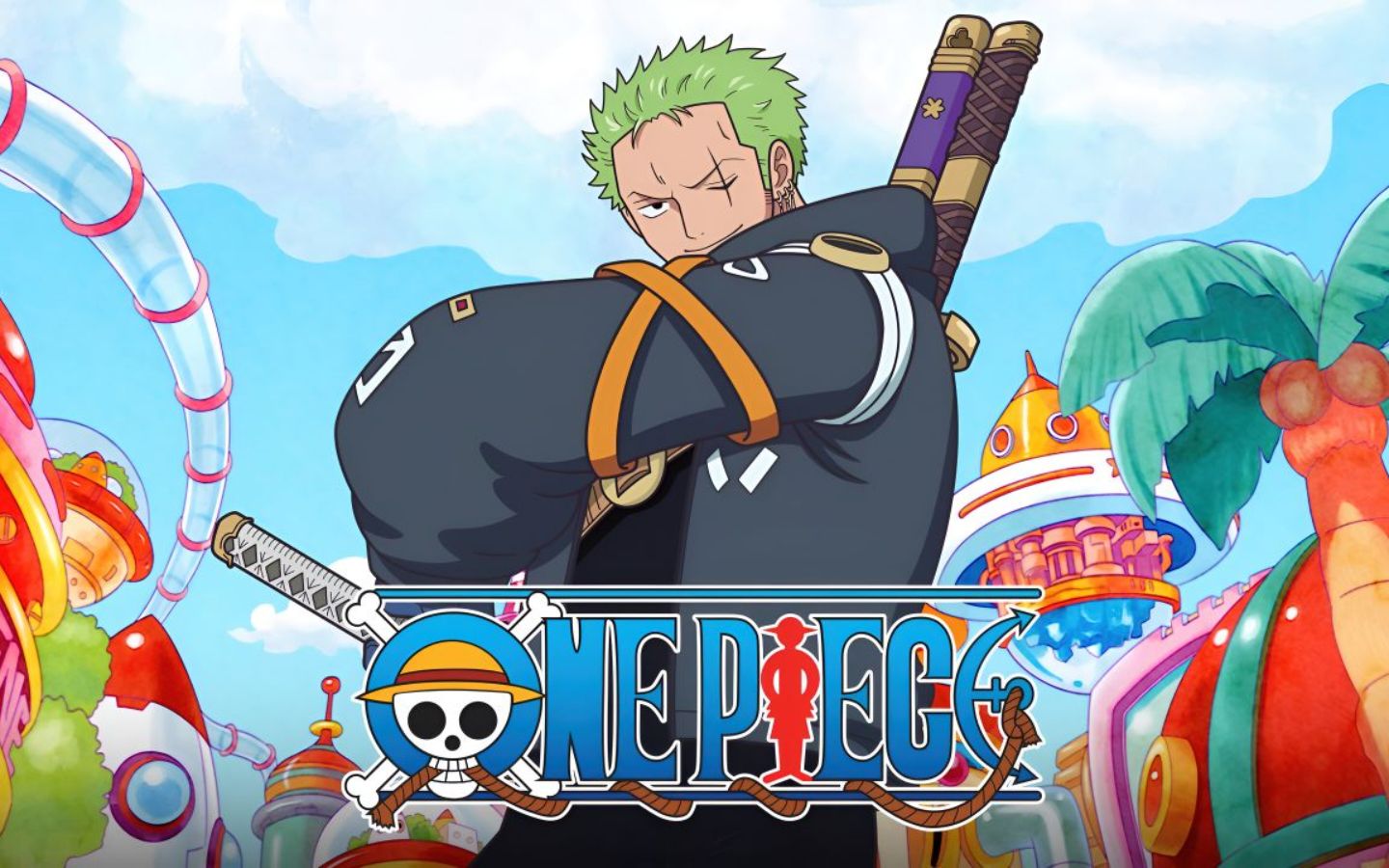 Zoro đứng cạnh logo One Piece phong thái đầy tự tin