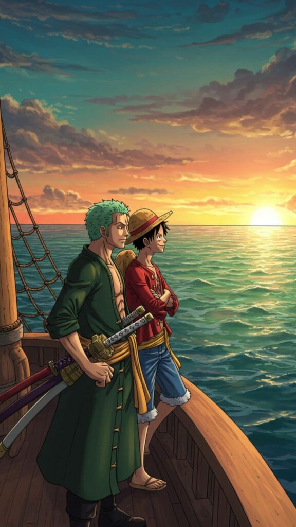 Zoro bên Luffy khung cảnh hoàng hôn cực kỳ lãng mạn
