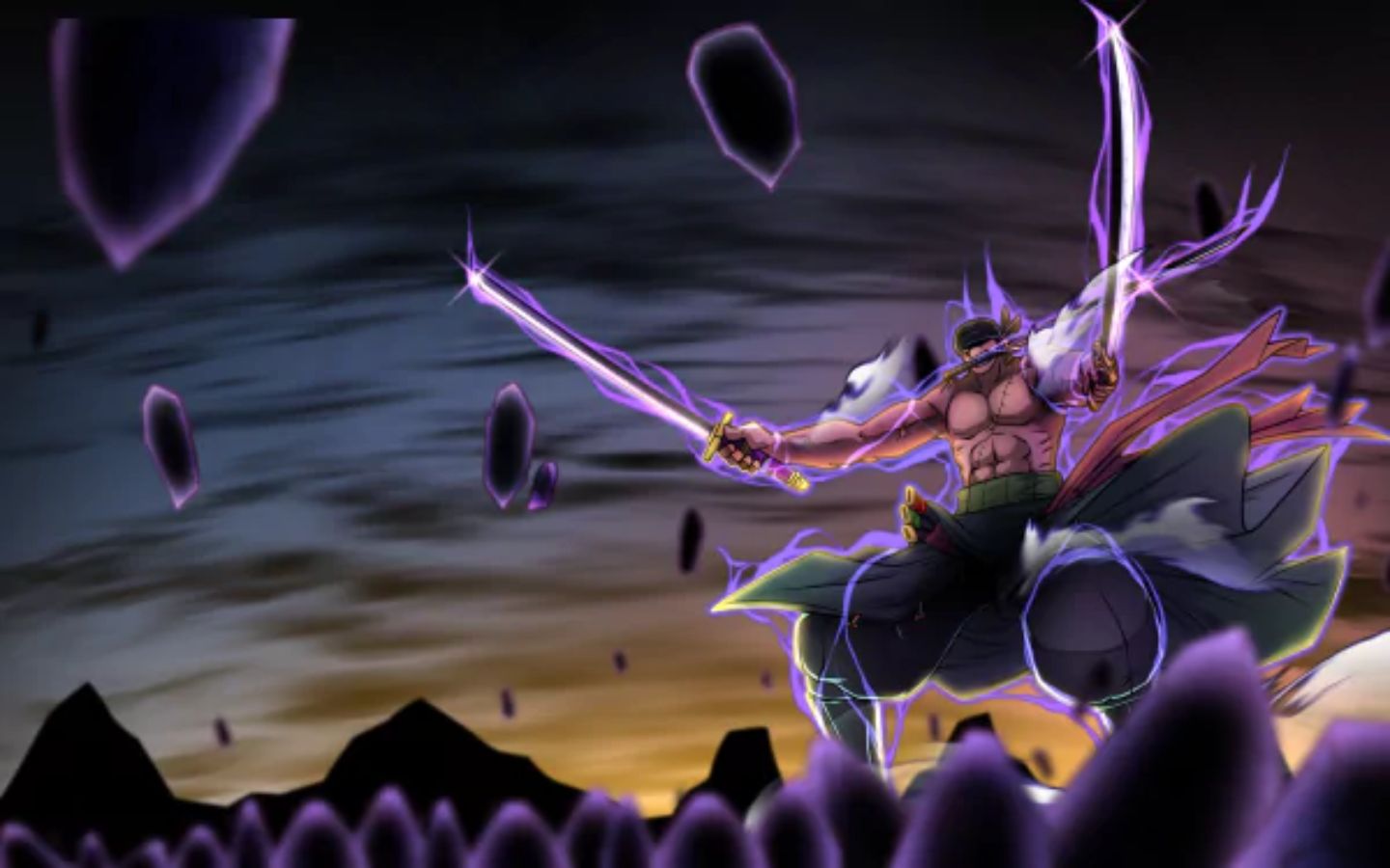 Zoro One Piece tung chiêu kiếm tím đầy uy lực mạnh