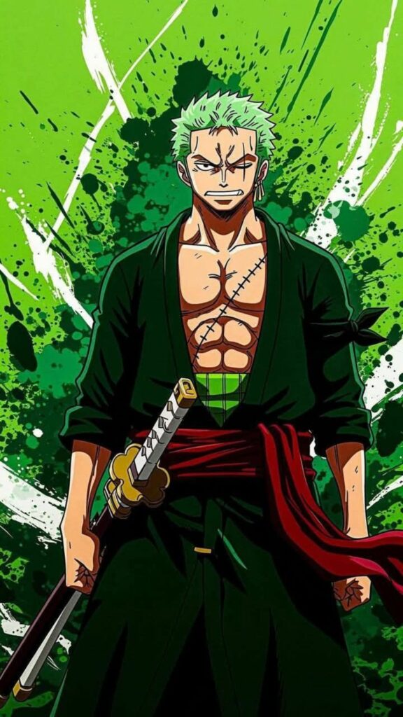Hình nền Zoro One Piece tư thế chiến đấu nền xanh nổi bật