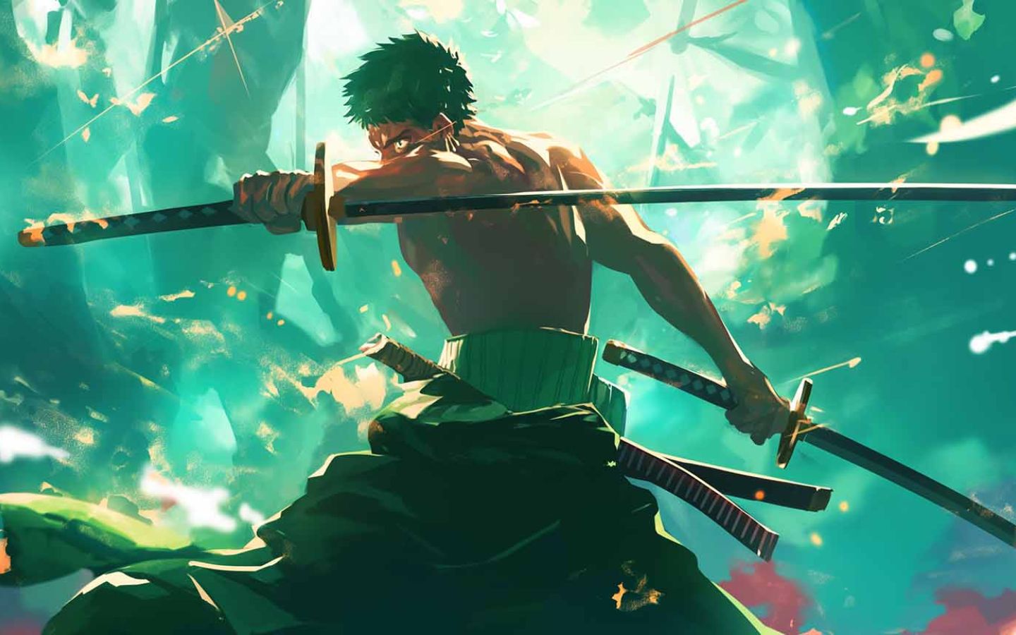 Zoro One Piece chiến đấu giữa ánh sáng xanh cực kỳ ngầu