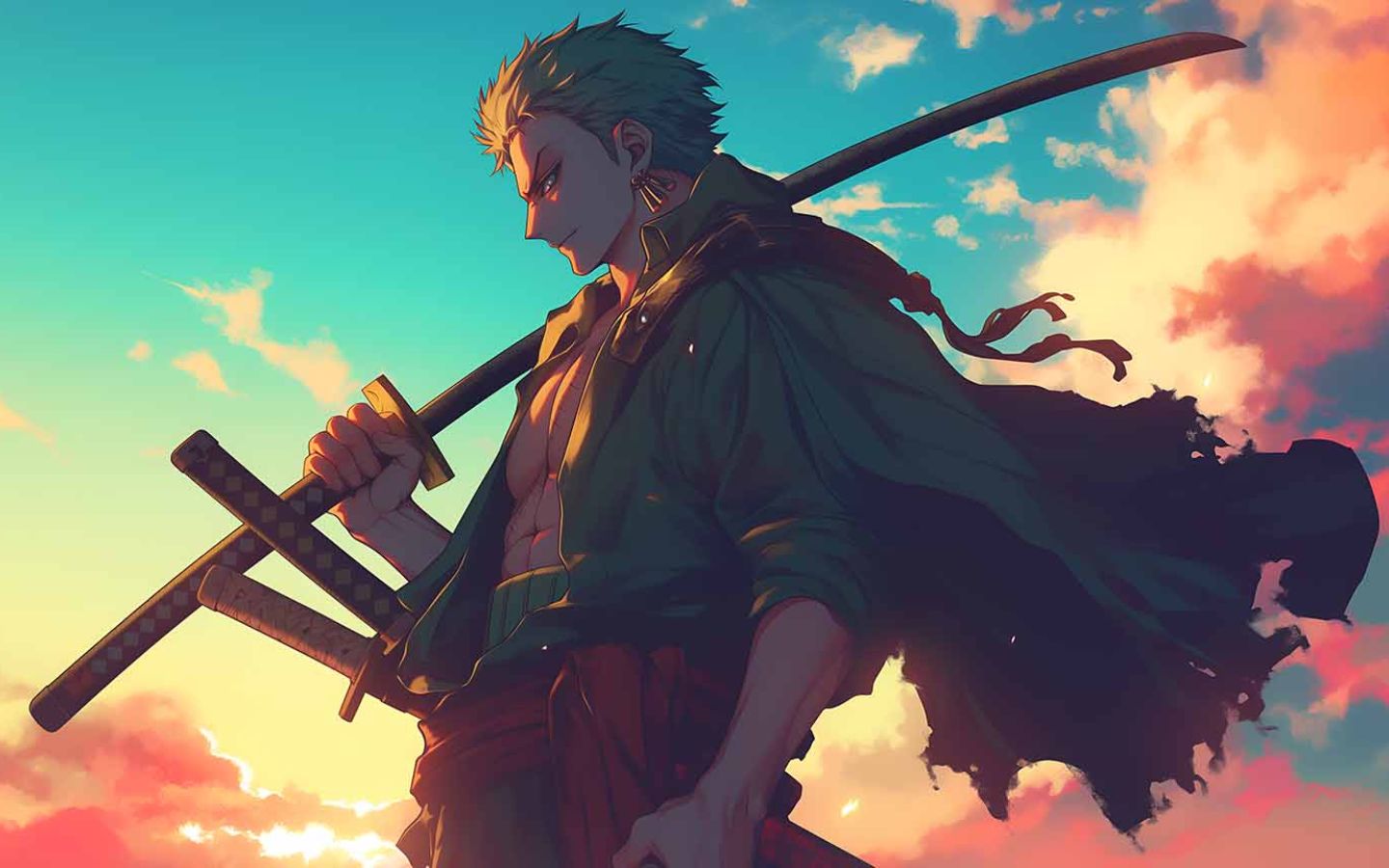 Zoro đứng dưới hoàng hôn phong thái cô độc đầy lãng tử