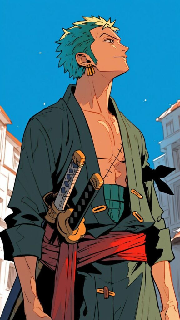 Zoro One Piece đứng phố nền sáng phong cách cực cuốn hút
