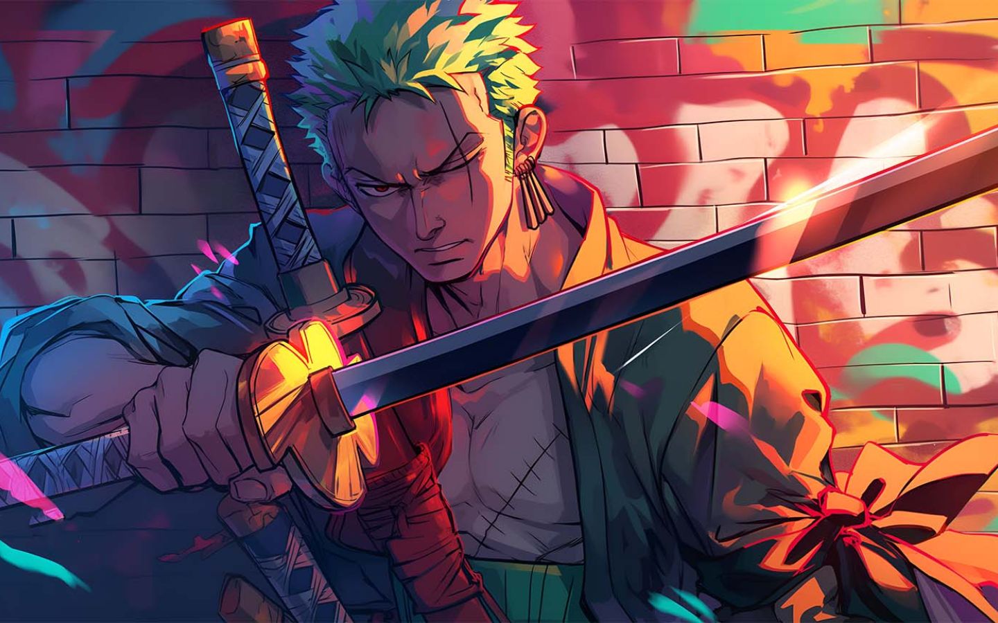 Zoro One Piece nền tường gạch phong cách nghệ thuật cực chất