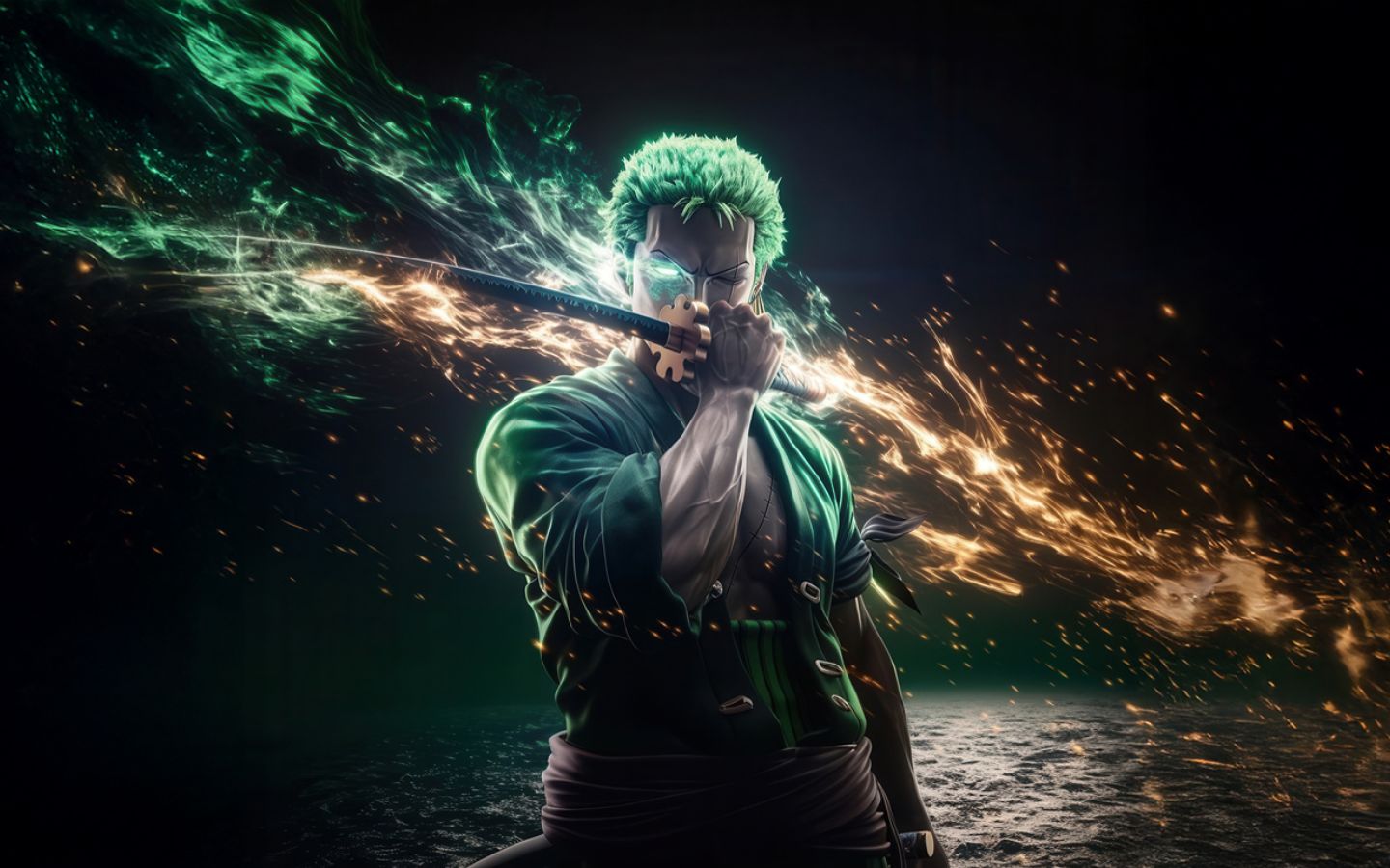 Zoro One Piece tung kiếm tạo tia sáng mạnh mẽ cực ngầu