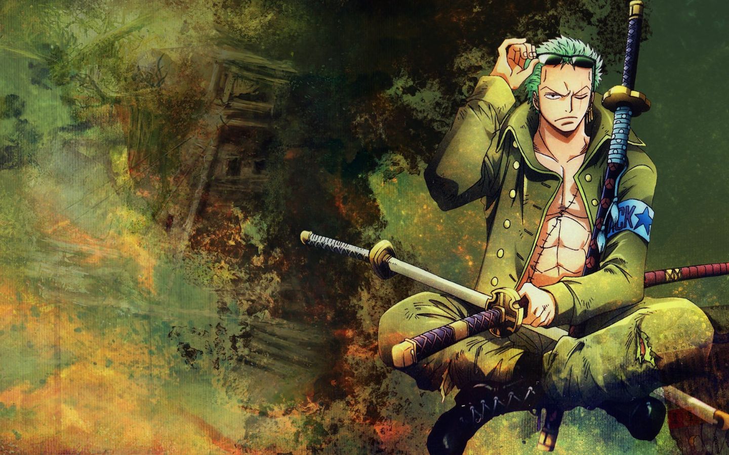 Zoro ngồi nghỉ phong thái trầm lặng giữa không gian cổ kính