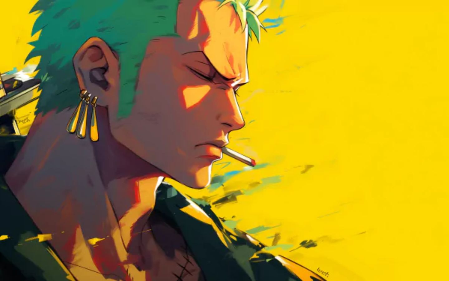 Zoro góc nghiêng nền vàng nổi bật đầy khí chất mạnh mẽ