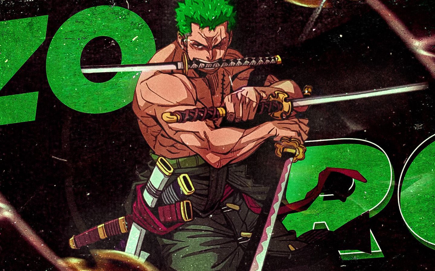 Zoro cầm kiếm nền chữ xanh phong cách cực kỳ ấn tượng