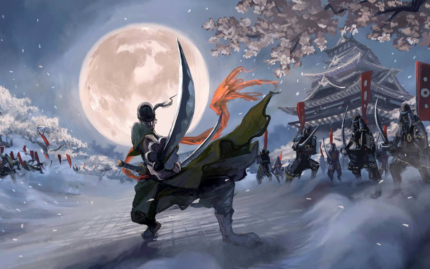 Zoro One Piece đứng dưới trăng lớn khung cảnh hùng vĩ
