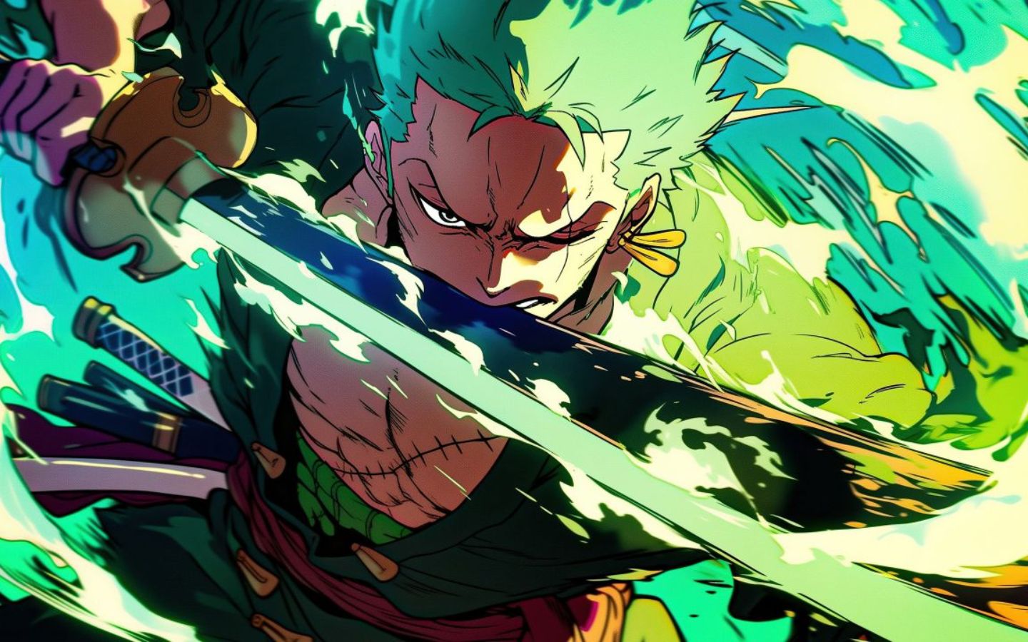 Zoro One Piece ánh sáng xanh bùng nổ cực chất chiến binh