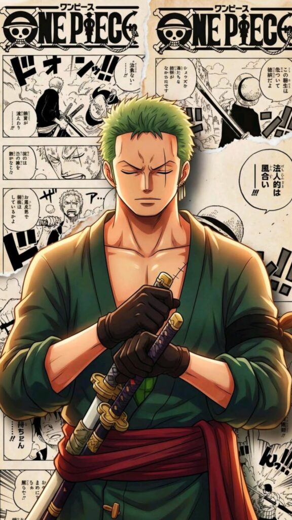 Zoro phong cách cổ điển nền manga đầy hoài niệm