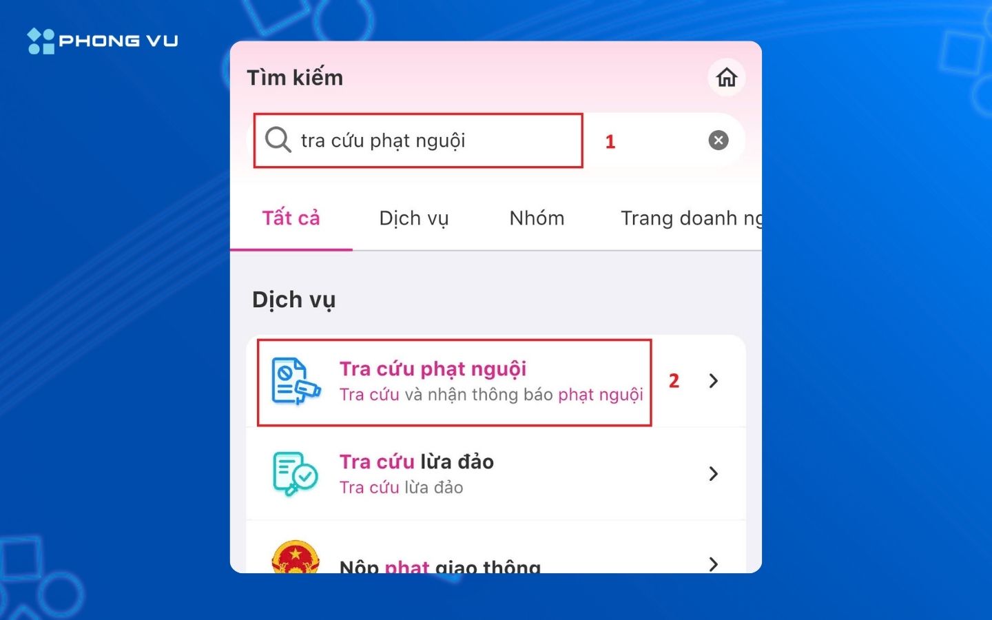 Truy cập tính năng Tra cứu phạt nguội trên ứng dụng