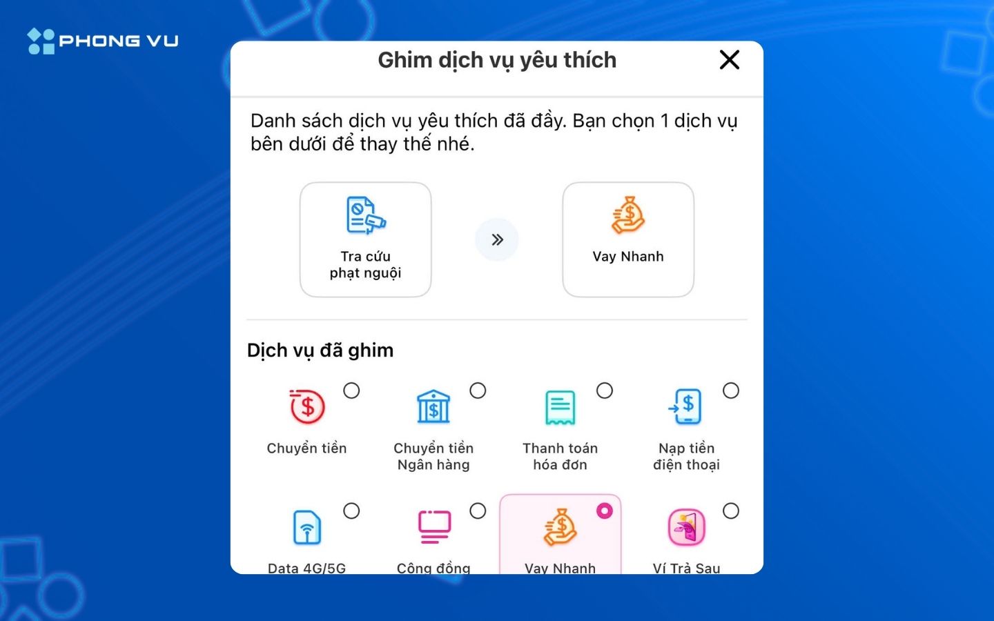 Ghim dịch vụ ra màn hình chính của ứng dụng