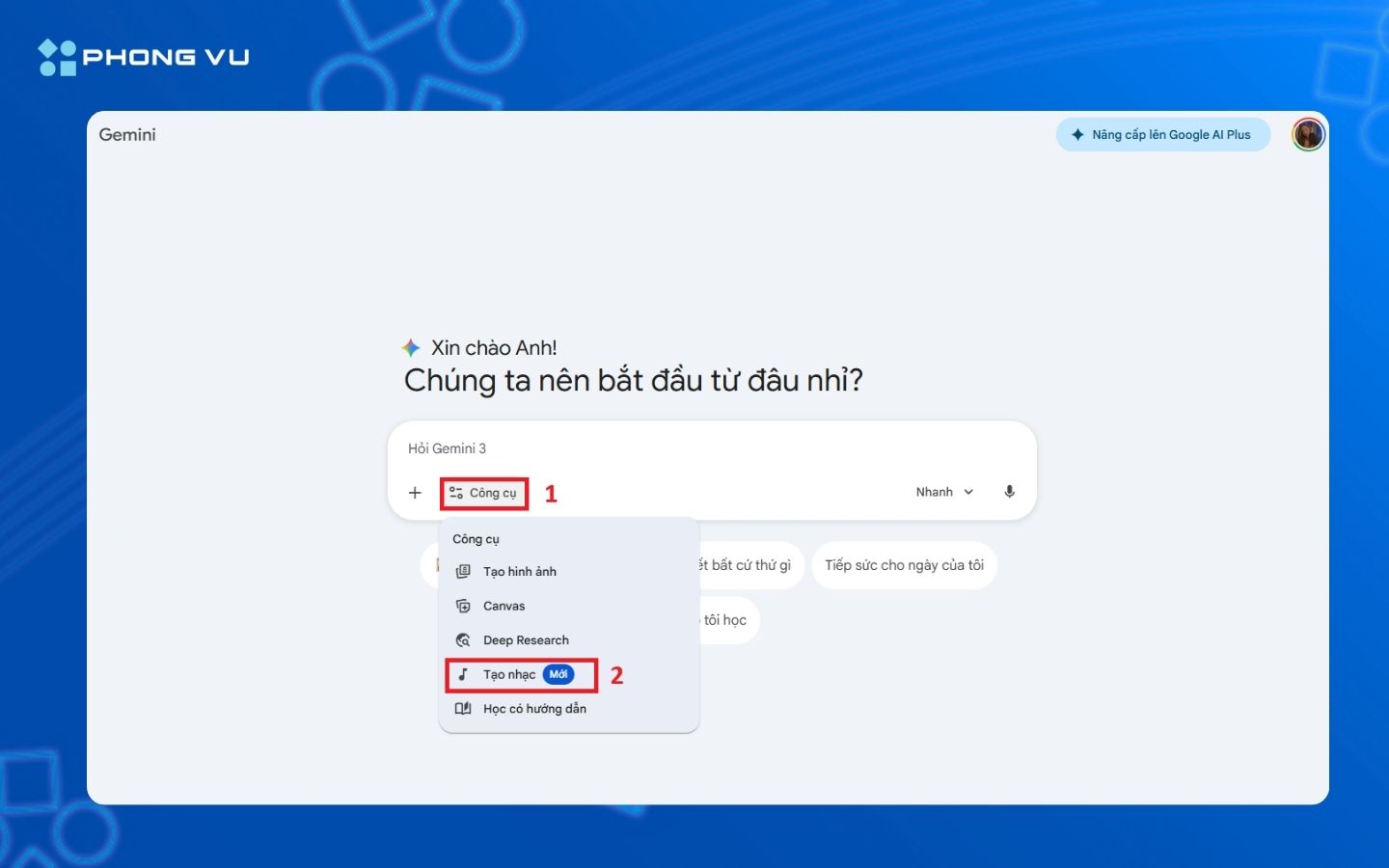 Tại mục Công cụ chọn Tạo nhạc