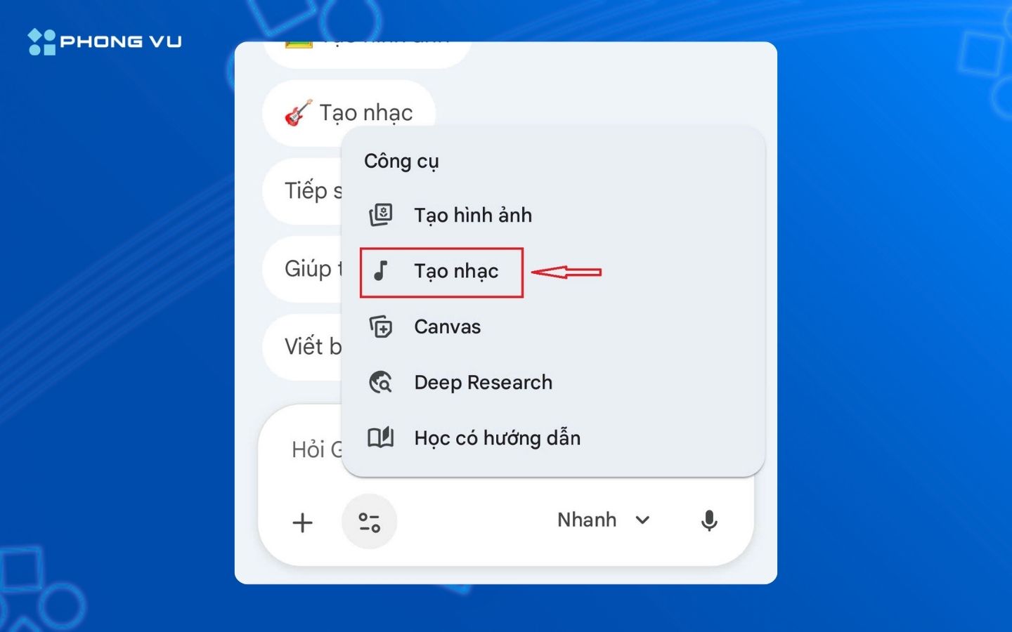 Trong mục Công cụ > Chọn Tạo nhạc