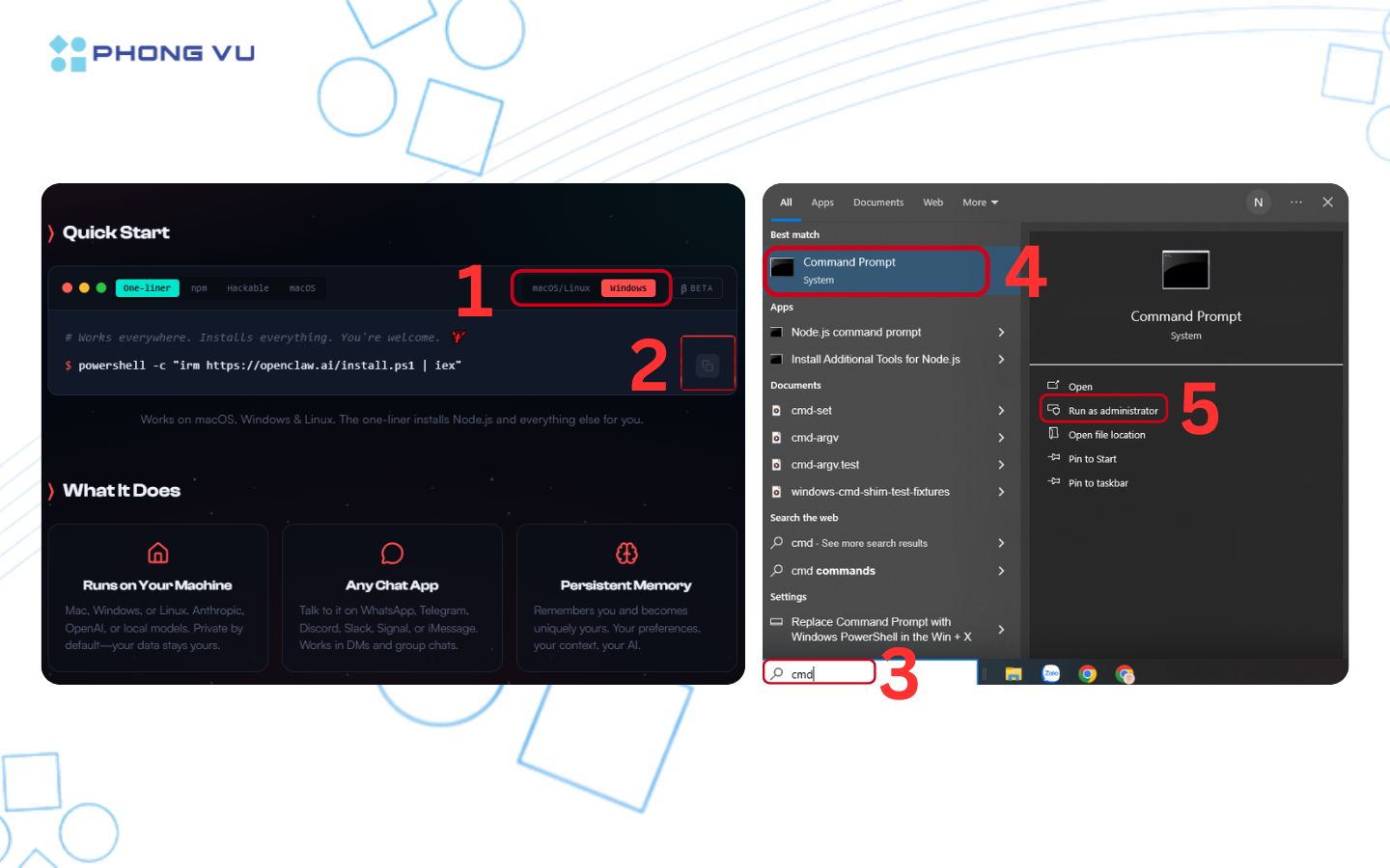 Truy cập trang web Open Claw và copy đường link Quick Start rồi dán vào Command Prompt để cài đặt 