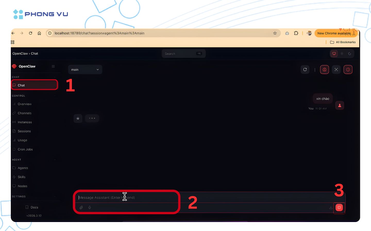 Nhập một prompt bất kỳ trên trang web local của Open Claw để bắt đầu trò chuyện cùng AI 