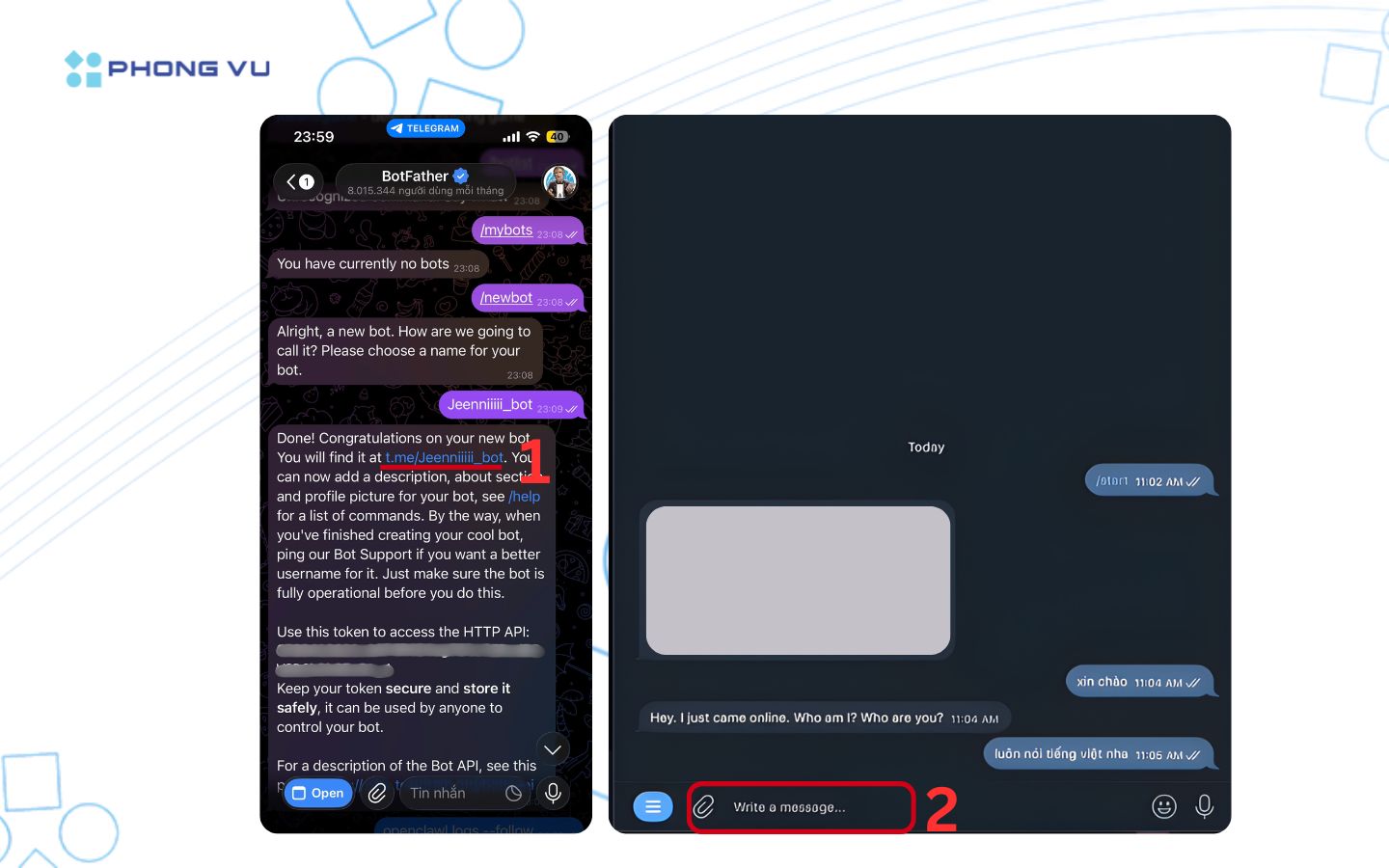 Mở bot trên Telegram rồi bắt đầu nhập lệnh 