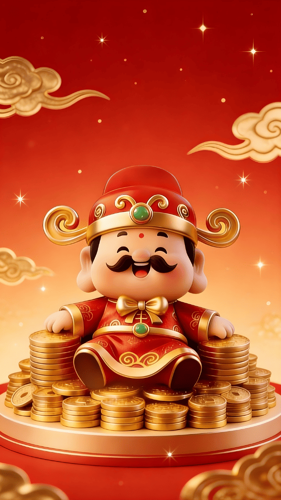 Hình nền Thần Tài ngồi trên núi tiền