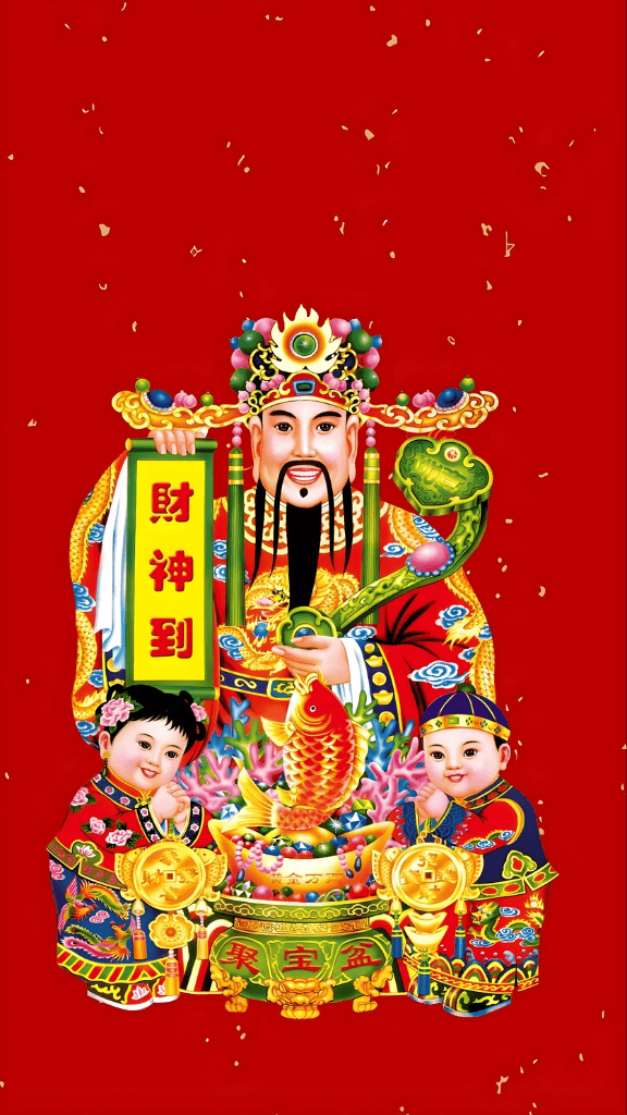 Hình nền ông Thần Tài và hai đúa bé