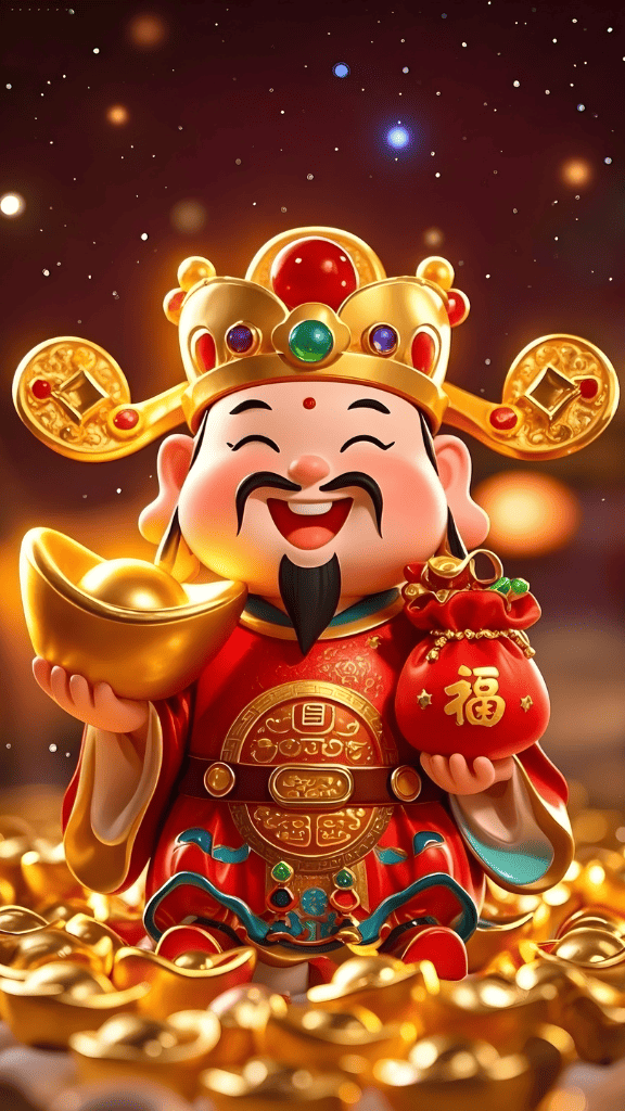 Hình nền ông Thần Tài cầm túi tiền và thỏi vàng