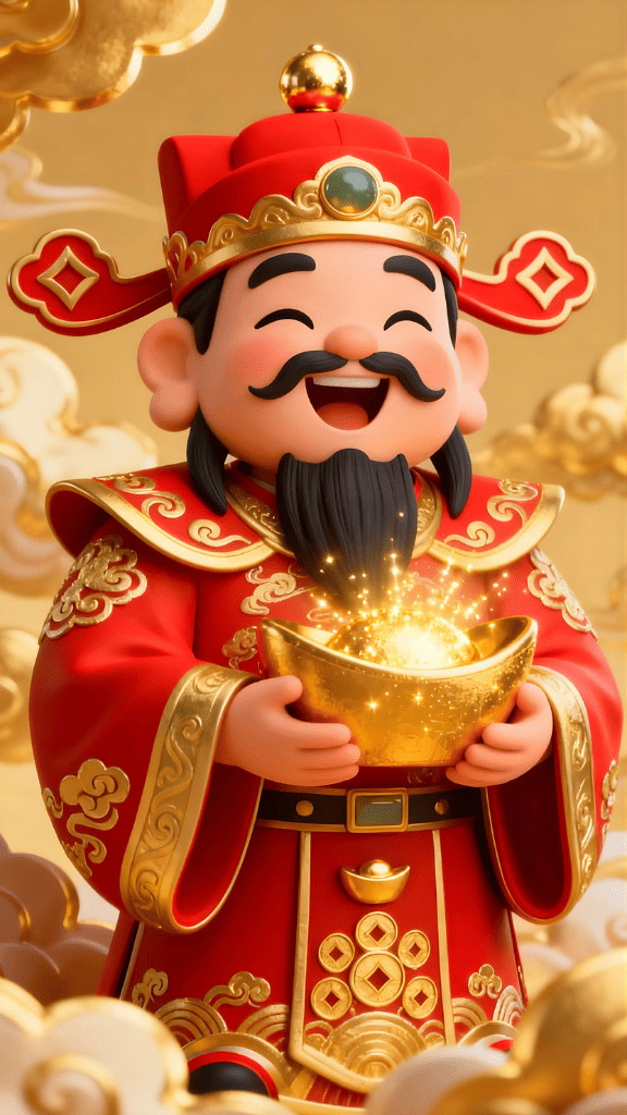 Hình nền vị Thần Tài cầm thỏi vàng cười rạng rỡ