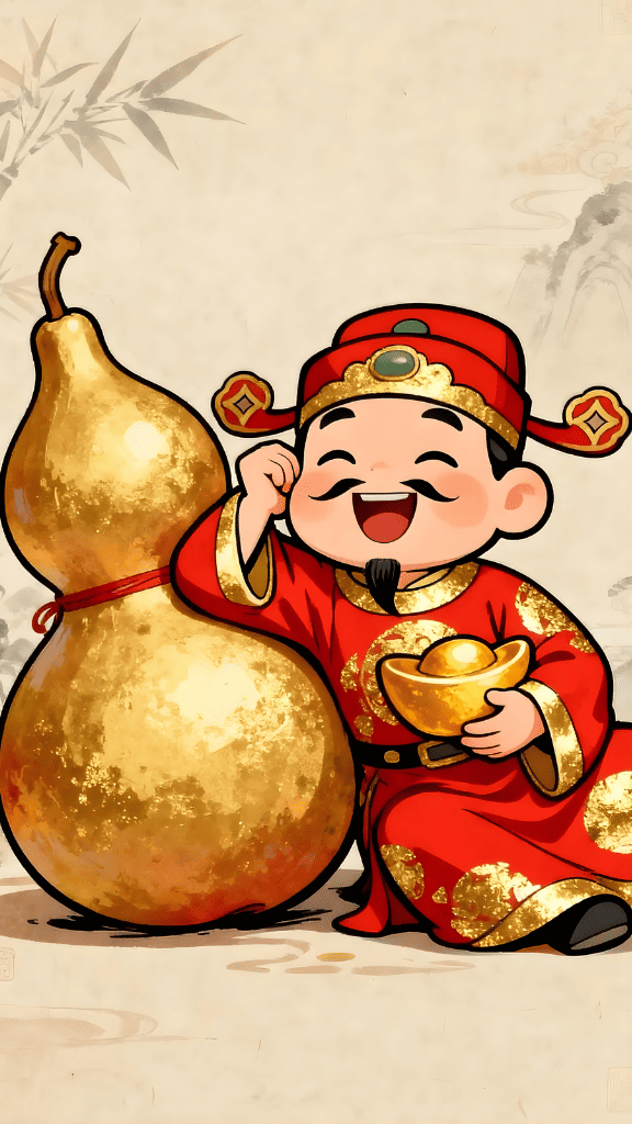 Hình nền ông Thần tài bên bình hồ lô vàng và thỏi vàng