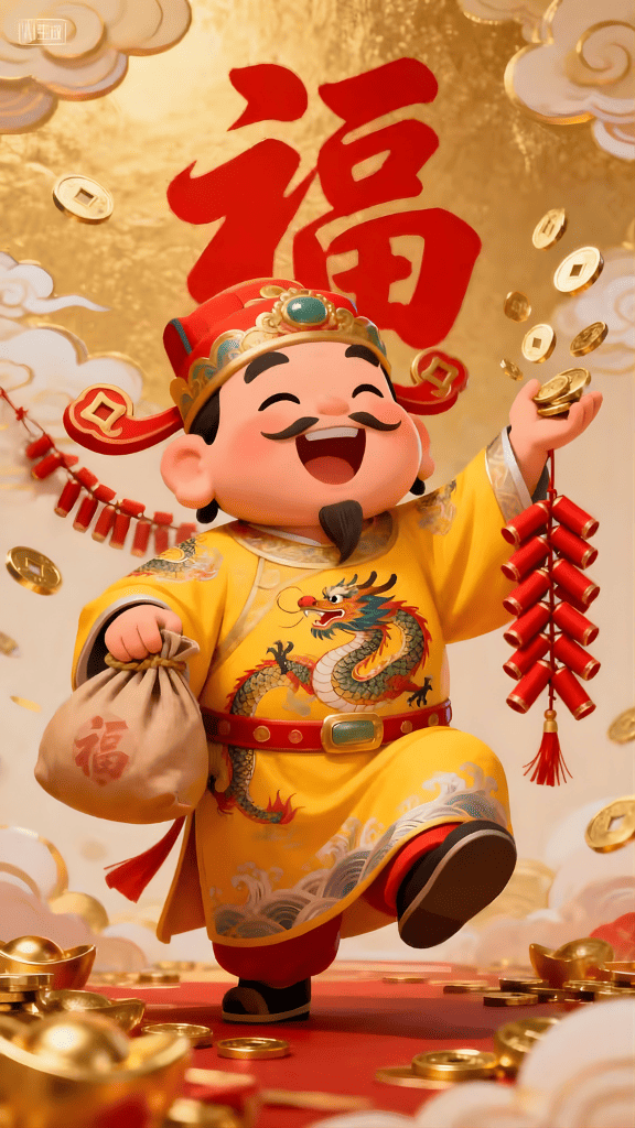 Hình nền ông Thần Tài cầm túi tiền và pháo hoa rực rỡ