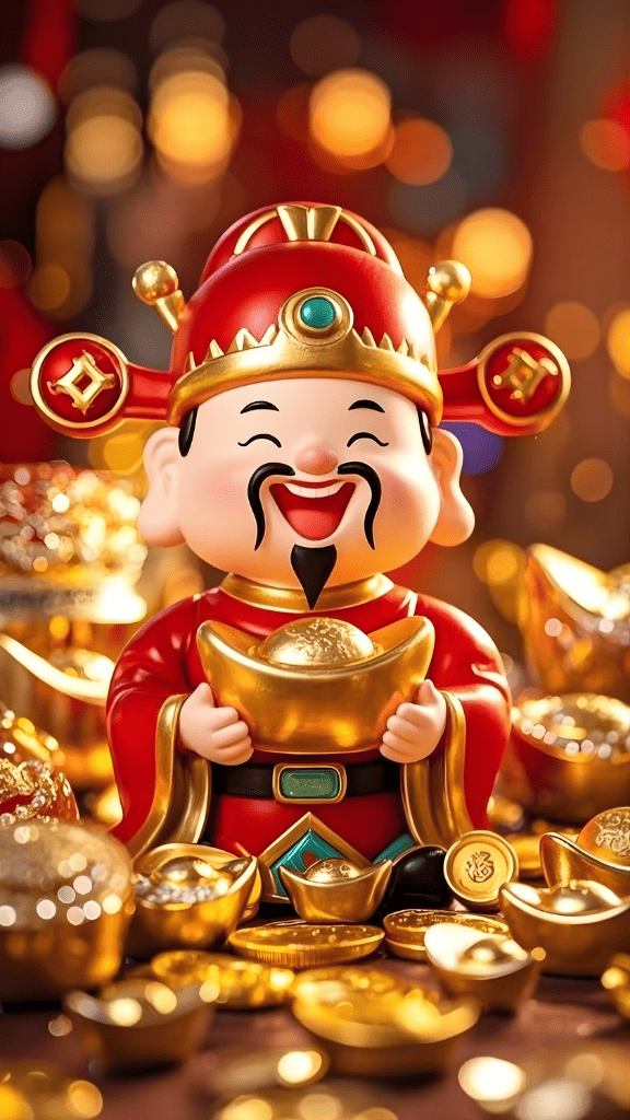 Hình nền vị Thần Tài cầm thỏi vàng hút vận may