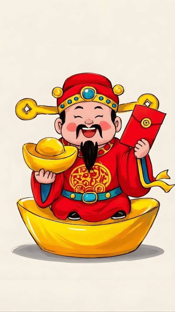 Hình nền chibi Thần Tài cầm thỏi vàng và bao lì xì