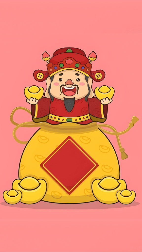 Hình nền chibi Thần Tài cầm thỏi vàng trên nền hồng siêu đáng yêu