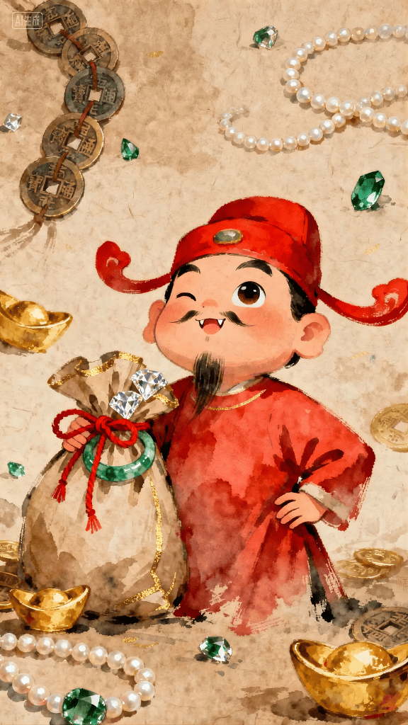 Hình nền chibi Thần Tài cầm túi tiền