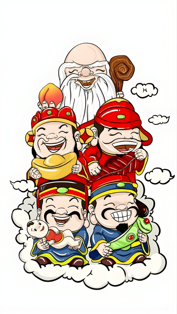 Hình nền chibi 5 vị Thần Tài siêu dễ thương