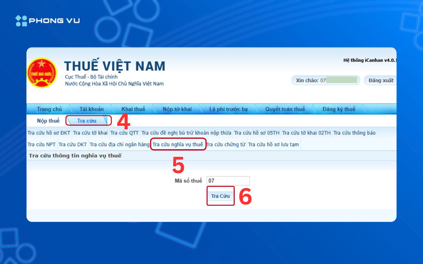 Hướng dẫn tra cứu nợ thuế TNCN 2026 chi tiết nhanh chóng 4 Tra cứu thông tin nghĩa vụ thuế tại tab Tra cứu