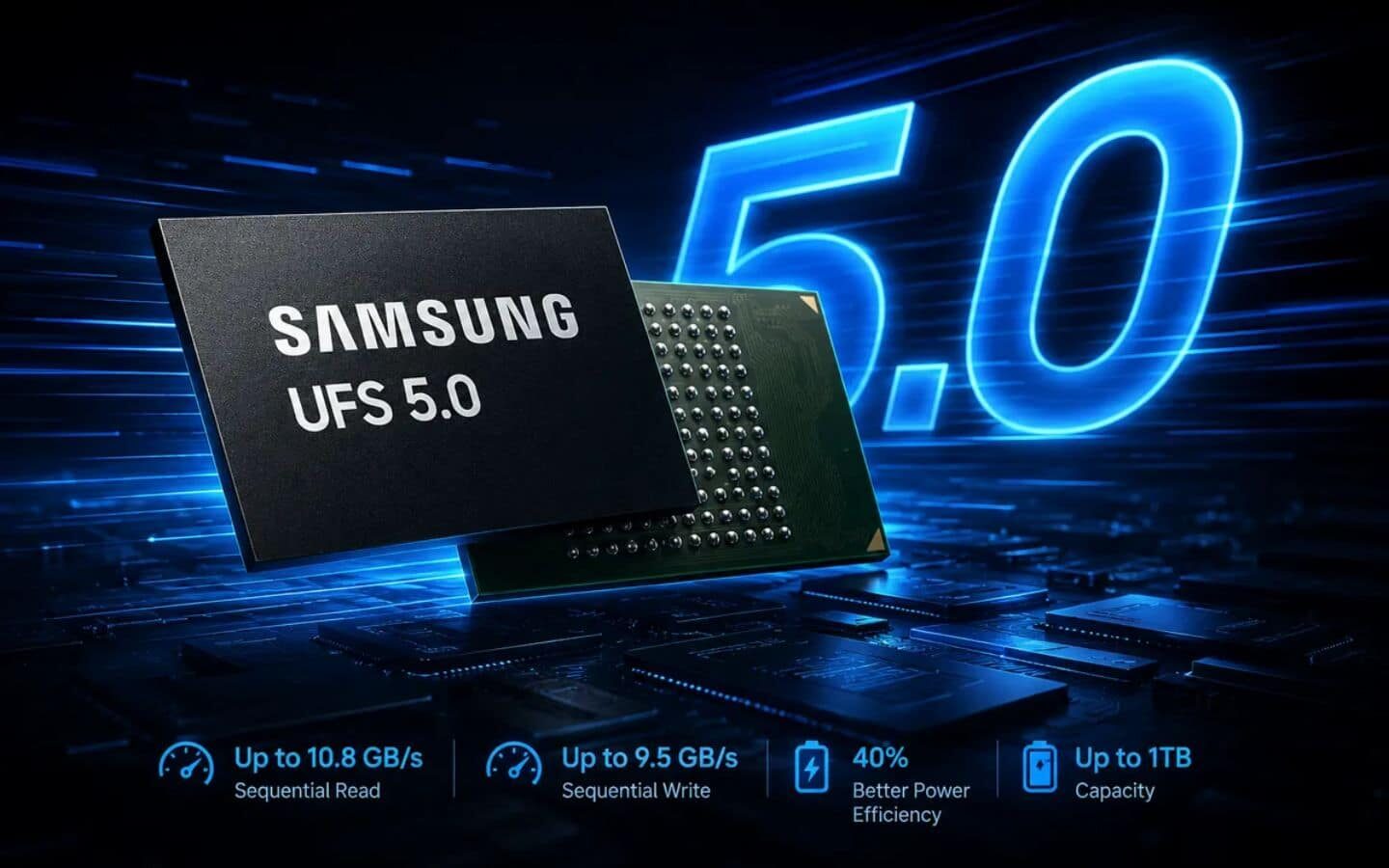 Bộ nhớ UFS 5.0 mang lại tốc độ vượt trội cùng thiết kế nhỏ gọn hơn đáng kể