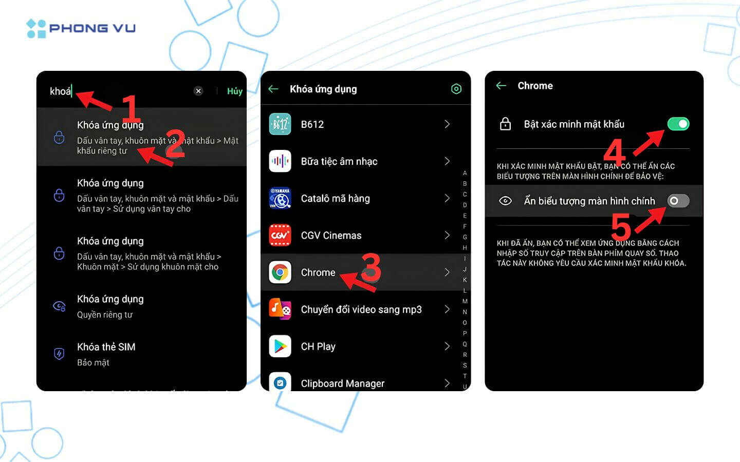 Hướng dẫn cách ẩn ứng dụng trên điện thoại Android, iOS nhanh chóng 4 Tại giao diện Khóa ứng dụng, chọn ứng dụng mà bạn muốn khóa. Sau đó, gạt nút Bật xác minh mật khẩu và Ẩn biểu tượng màn hình chính sang phải