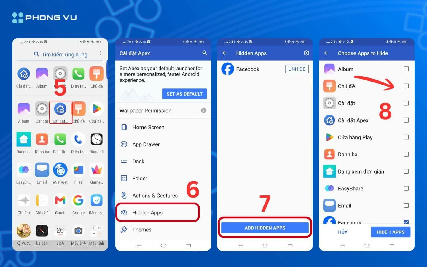 Hướng dẫn cách ẩn ứng dụng trên điện thoại Android, iOS nhanh chóng 10 Tích chọn các ứng dụng muốn ẩn trong Cài đặt Apex