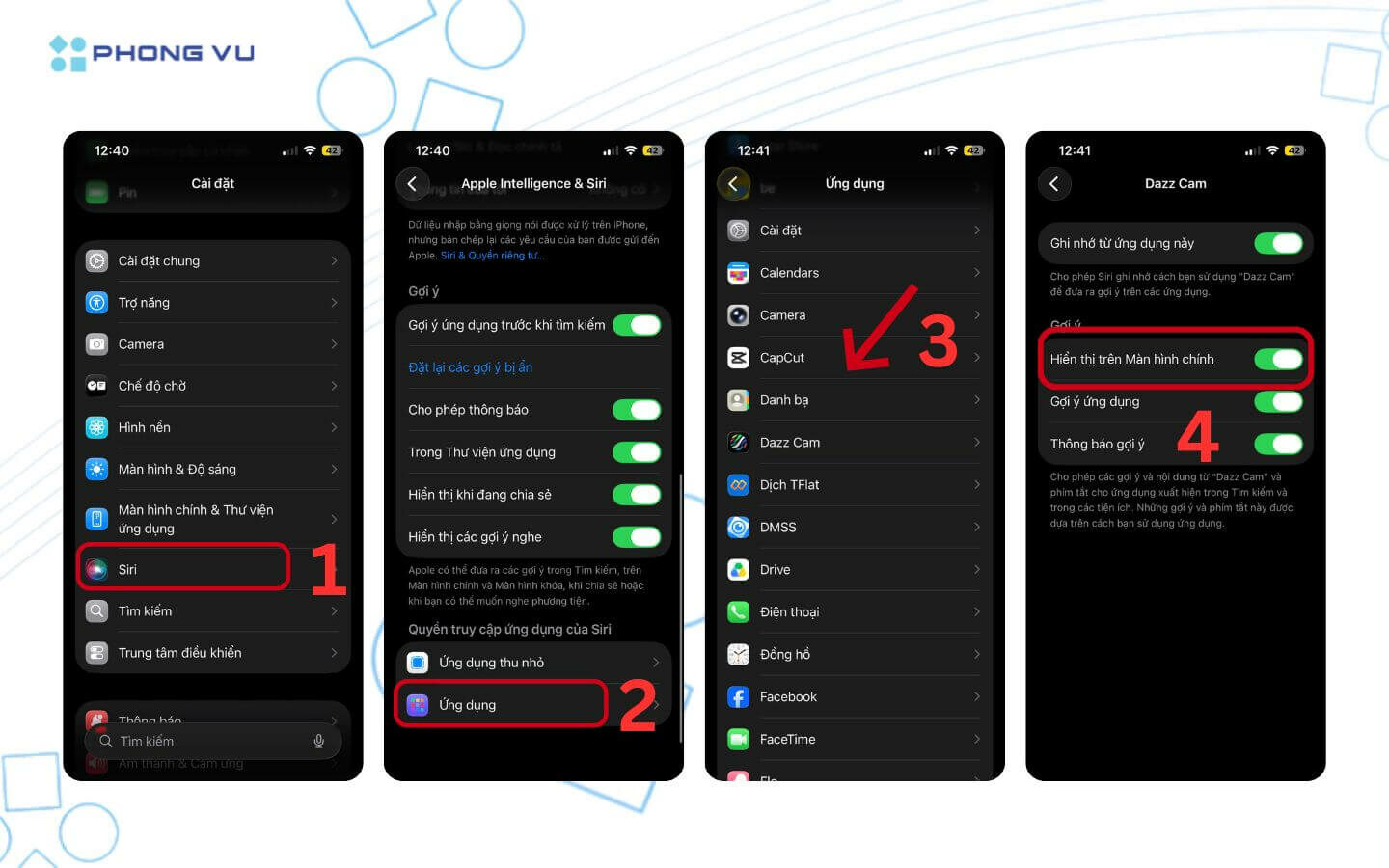 Hướng dẫn cách ẩn ứng dụng trên điện thoại Android, iOS nhanh chóng 15 Truy cập Siri trong Cài đặt và bật tính năng Hiển thị trên Màn hình chính của ứng dụng muốn ẩn