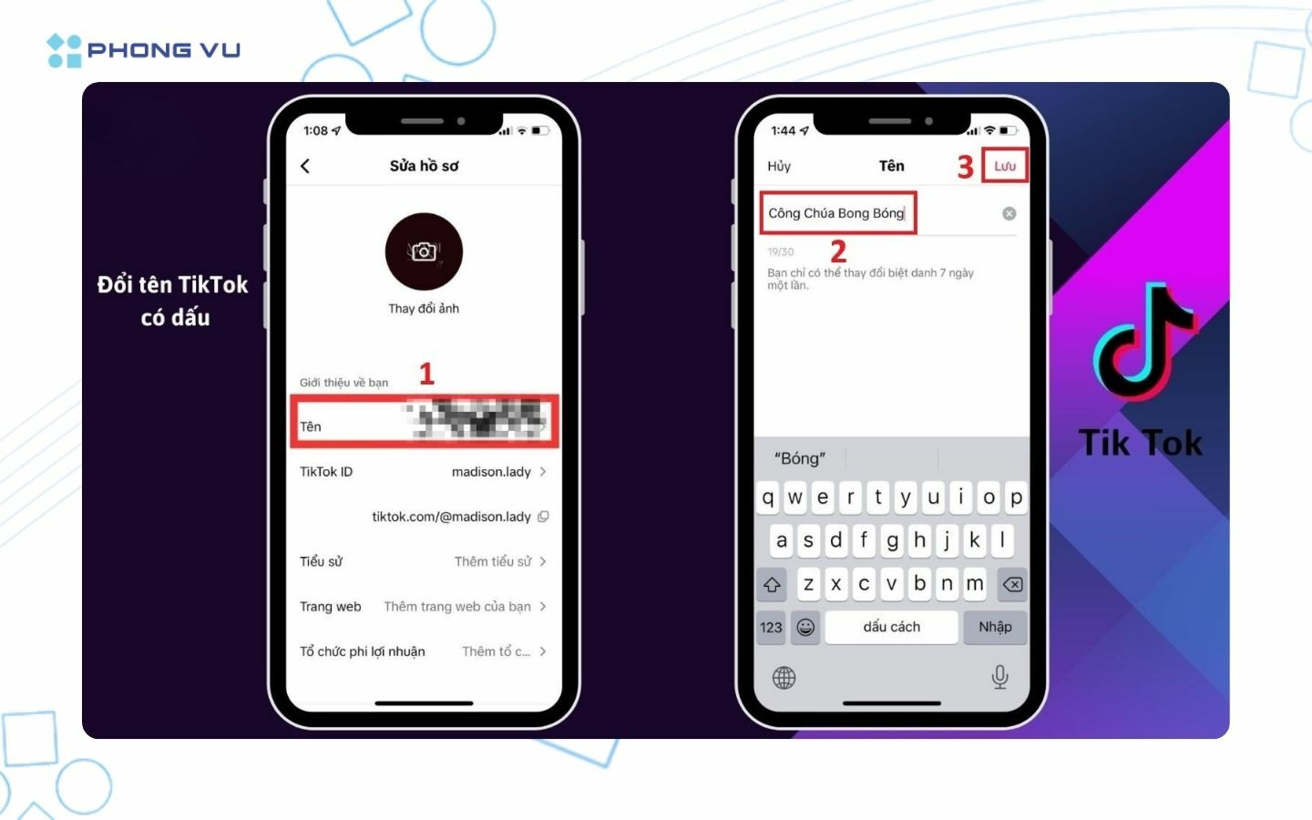 Nhập tên TikTok tiếng Việt mà bạn muốn đổi và bấm Lưu