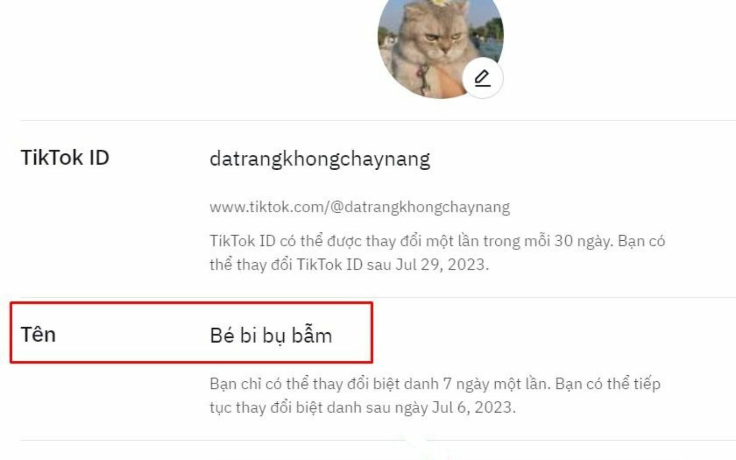 Bạn không thể đổi tên TikTok khi chưa đủ ngày
