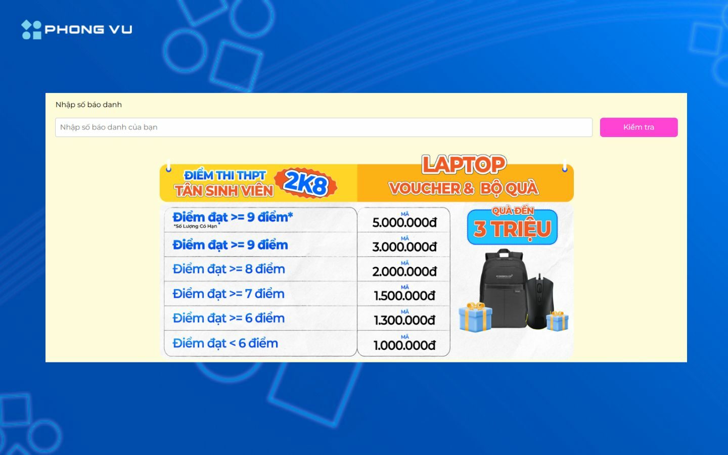 Cách săn laptop deal hời mùa Back to School tại Phong Vũ 1 Nhập số báo danh và kiểm tra điểm