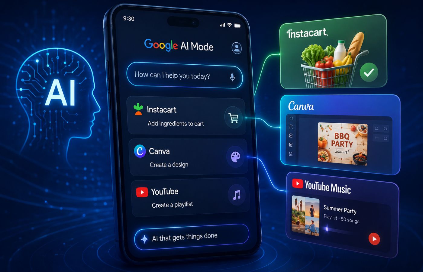 Google AI Mode mở rộng khả năng kết nối với một số ứng dụng 1 Chế độ AI của Google gợi ý liên kết ứng dụng Instacart, Canva, YouTube (Nguồn: Internet)
