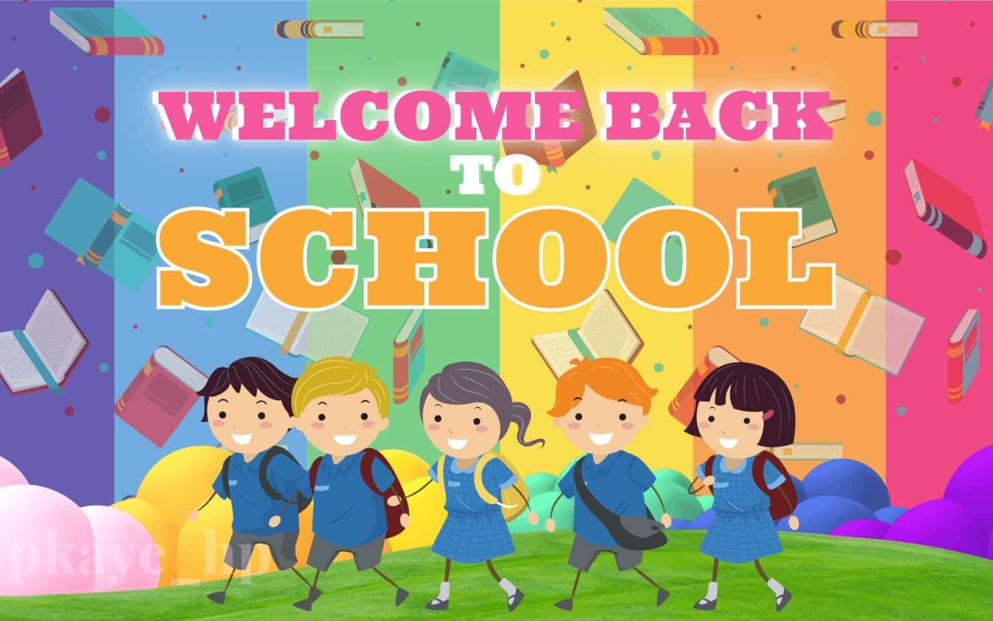 Top hình nền PowerPoint Back to School đẹp nhất 2026 13 Hình nền cầu vồng với học sinh vui vẻ tựu trường